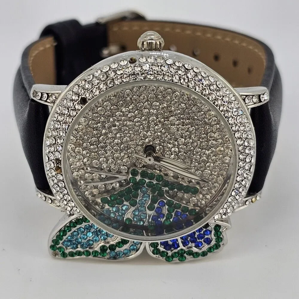 Off Park‎ Women's Watch Crystal Bling Butterfly New Black Leather Bands Battery